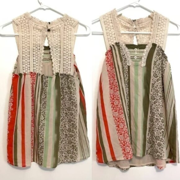 CABI 266 Whisper Gauze Tank Cream Beige Green Floral Striped Crochet Boho Blouse - Picture 2 of 16